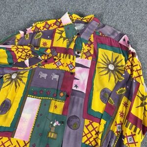 Vintage Baldanza 80s Silk Shirt Button Up Blouse Abstract Funky Art Size 6